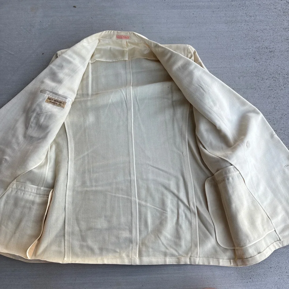Palm Beach Suit Mens 37 Cream Double Breasted Pleated Cuffed 2 pc Vintage 1940s